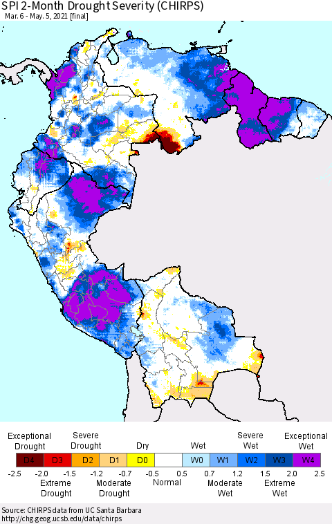 Northern South America SPI 2-Month Drought Severity (CHIRPS) Thematic Map For 3/6/2021 - 5/5/2021
