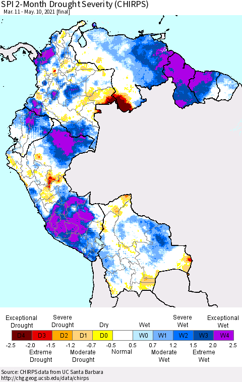 Northern South America SPI 2-Month Drought Severity (CHIRPS) Thematic Map For 3/11/2021 - 5/10/2021