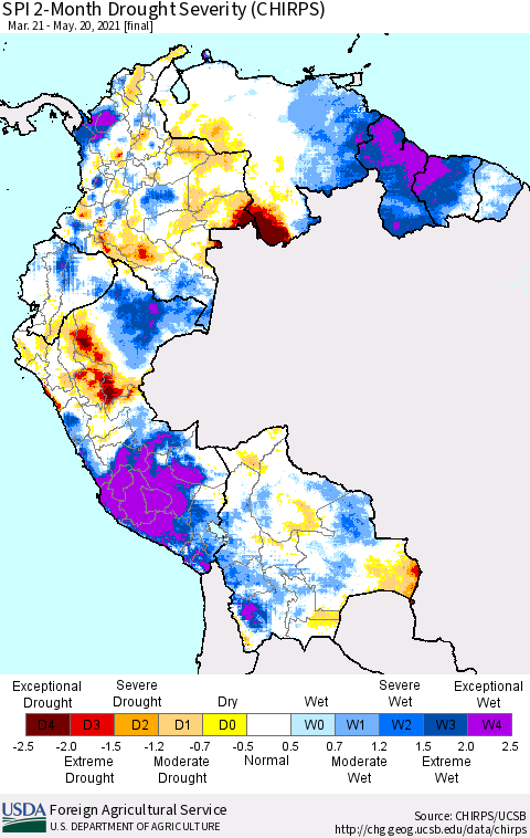 Northern South America SPI 2-Month Drought Severity (CHIRPS) Thematic Map For 3/21/2021 - 5/20/2021