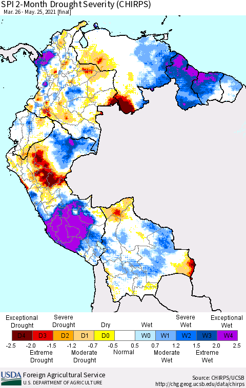 Northern South America SPI 2-Month Drought Severity (CHIRPS) Thematic Map For 3/26/2021 - 5/25/2021