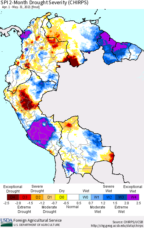 Northern South America SPI 2-Month Drought Severity (CHIRPS) Thematic Map For 4/1/2021 - 5/31/2021