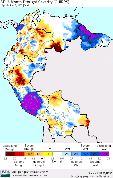 Northern South America SPI 2-Month Drought Severity (CHIRPS) Thematic Map For 4/6/2021 - 6/5/2021