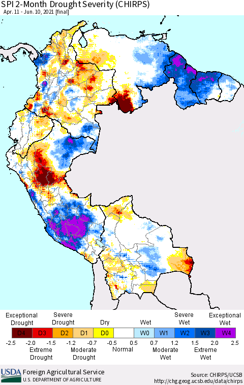 Northern South America SPI 2-Month Drought Severity (CHIRPS) Thematic Map For 4/11/2021 - 6/10/2021