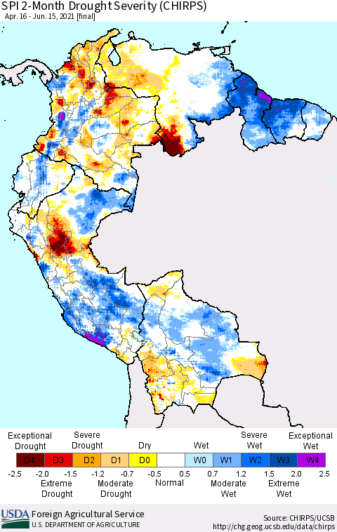 Northern South America SPI 2-Month Drought Severity (CHIRPS) Thematic Map For 4/16/2021 - 6/15/2021