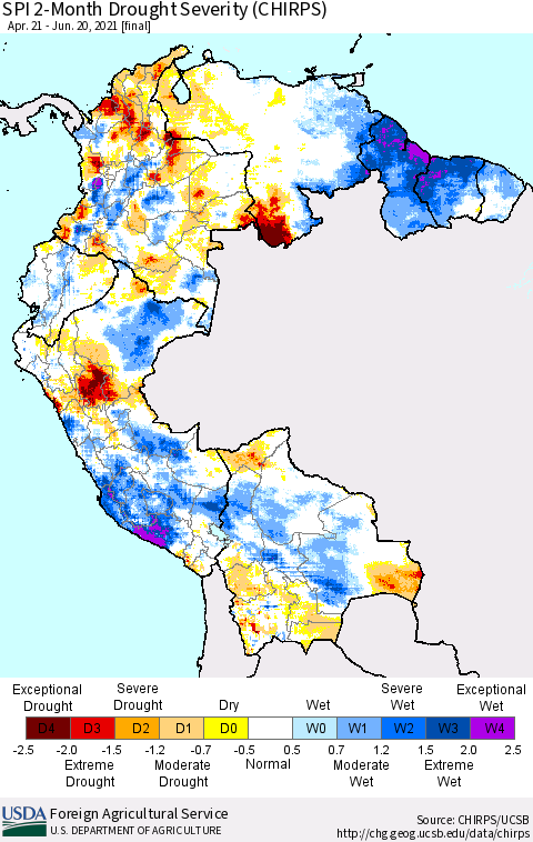 Northern South America SPI 2-Month Drought Severity (CHIRPS) Thematic Map For 4/21/2021 - 6/20/2021