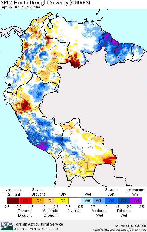 Northern South America SPI 2-Month Drought Severity (CHIRPS) Thematic Map For 4/26/2021 - 6/25/2021