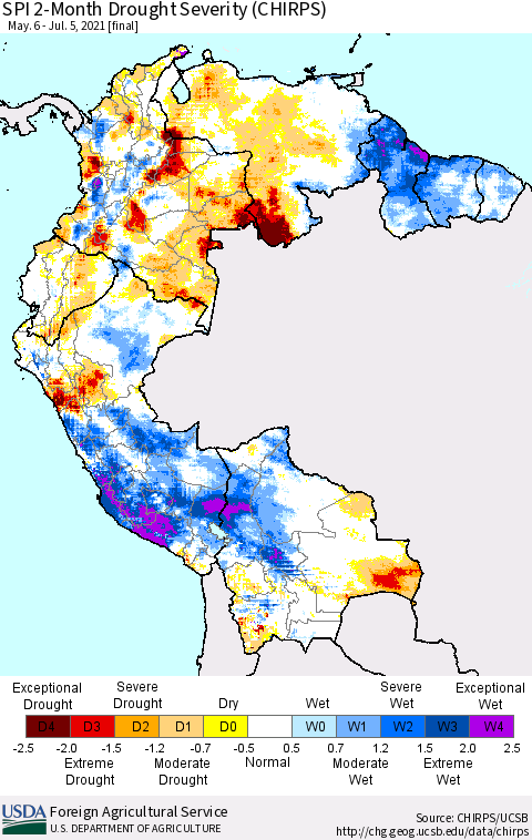 Northern South America SPI 2-Month Drought Severity (CHIRPS) Thematic Map For 5/6/2021 - 7/5/2021