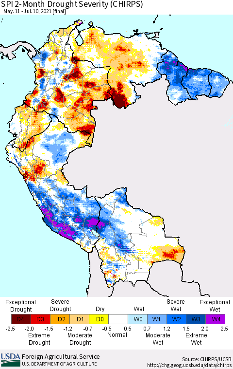 Northern South America SPI 2-Month Drought Severity (CHIRPS) Thematic Map For 5/11/2021 - 7/10/2021