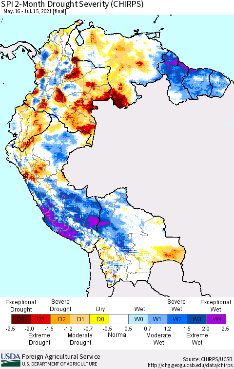 Northern South America SPI 2-Month Drought Severity (CHIRPS) Thematic Map For 5/16/2021 - 7/15/2021
