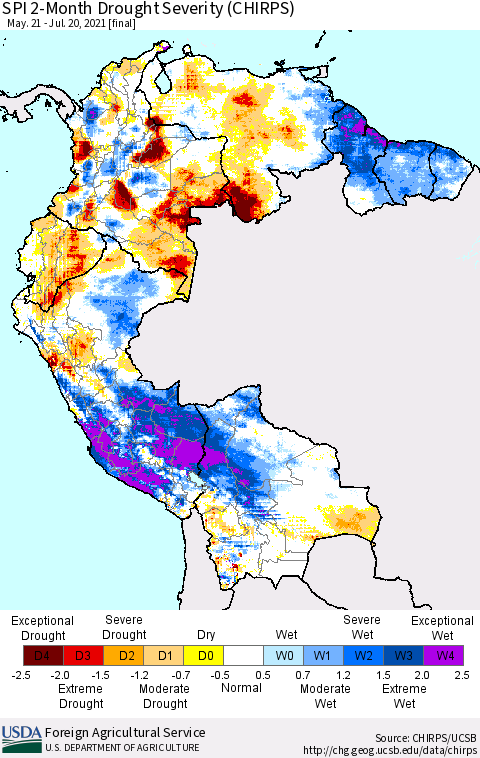 Northern South America SPI 2-Month Drought Severity (CHIRPS) Thematic Map For 5/21/2021 - 7/20/2021