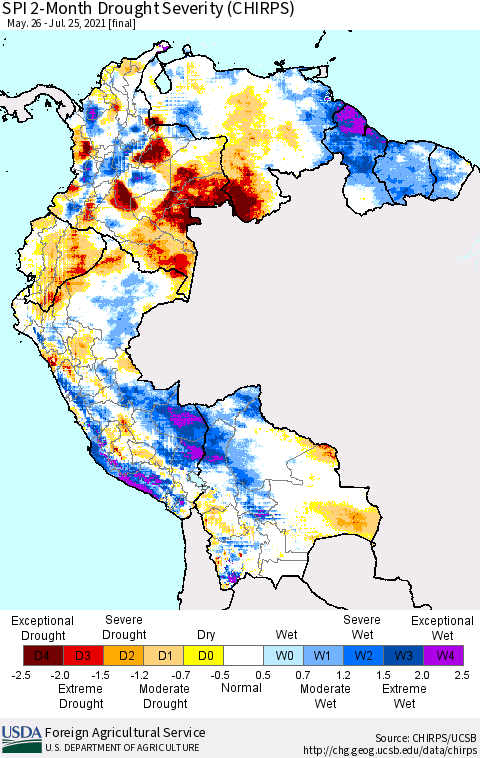Northern South America SPI 2-Month Drought Severity (CHIRPS) Thematic Map For 5/26/2021 - 7/25/2021