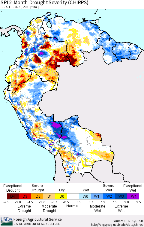 Northern South America SPI 2-Month Drought Severity (CHIRPS) Thematic Map For 6/1/2021 - 7/31/2021