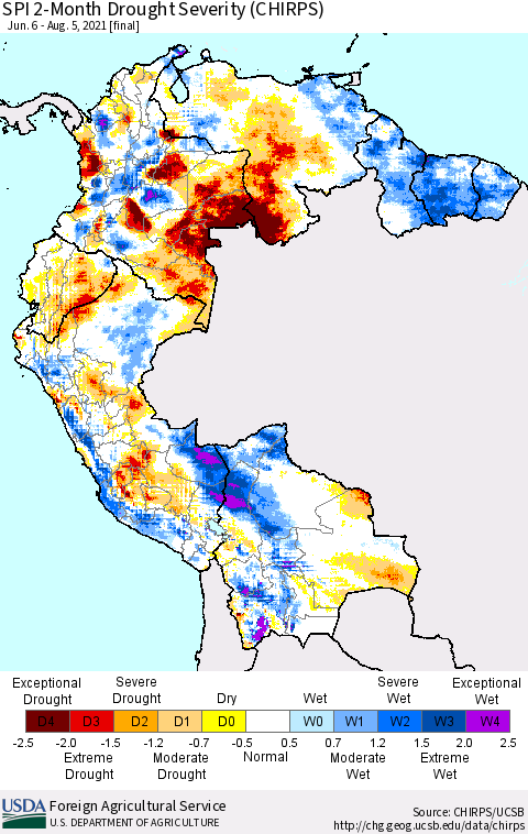 Northern South America SPI 2-Month Drought Severity (CHIRPS) Thematic Map For 6/6/2021 - 8/5/2021