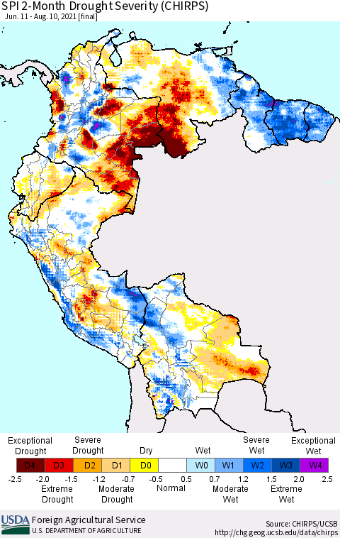 Northern South America SPI 2-Month Drought Severity (CHIRPS) Thematic Map For 6/11/2021 - 8/10/2021