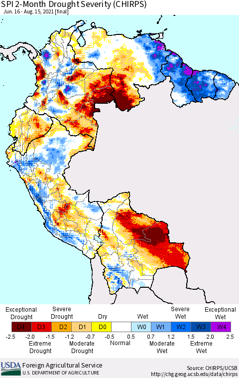 Northern South America SPI 2-Month Drought Severity (CHIRPS) Thematic Map For 6/16/2021 - 8/15/2021