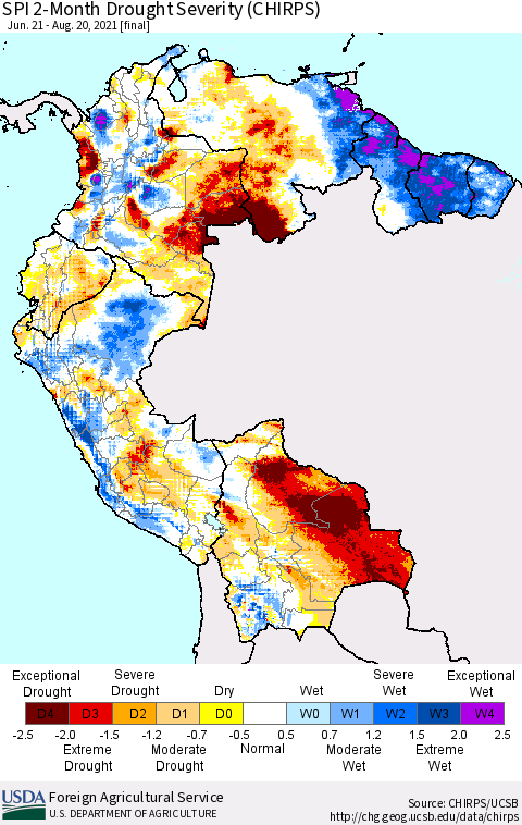 Northern South America SPI 2-Month Drought Severity (CHIRPS) Thematic Map For 6/21/2021 - 8/20/2021