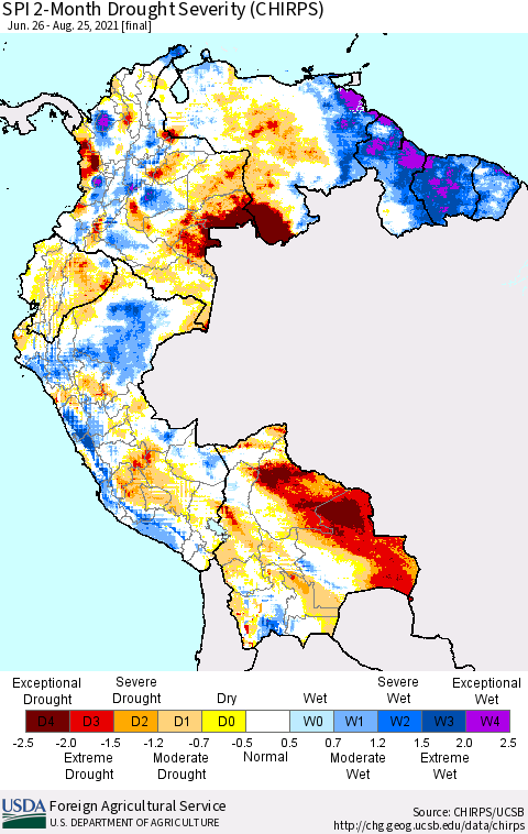 Northern South America SPI 2-Month Drought Severity (CHIRPS) Thematic Map For 6/26/2021 - 8/25/2021