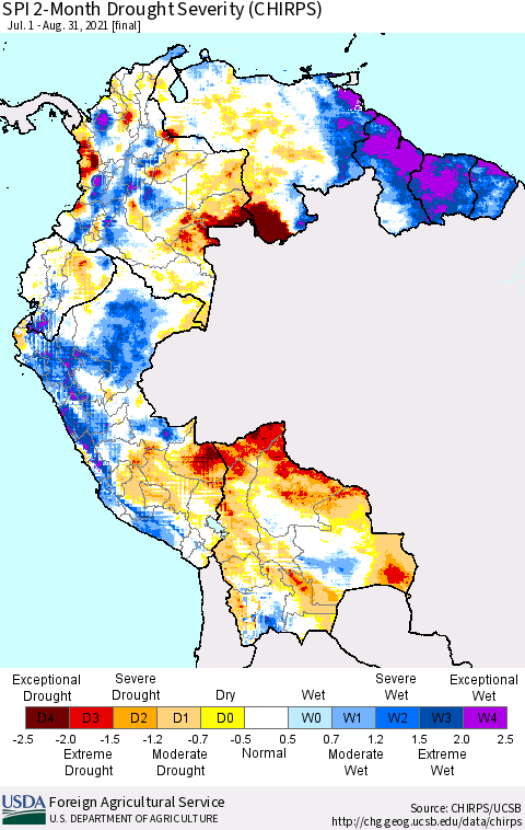 Northern South America SPI 2-Month Drought Severity (CHIRPS) Thematic Map For 7/1/2021 - 8/31/2021