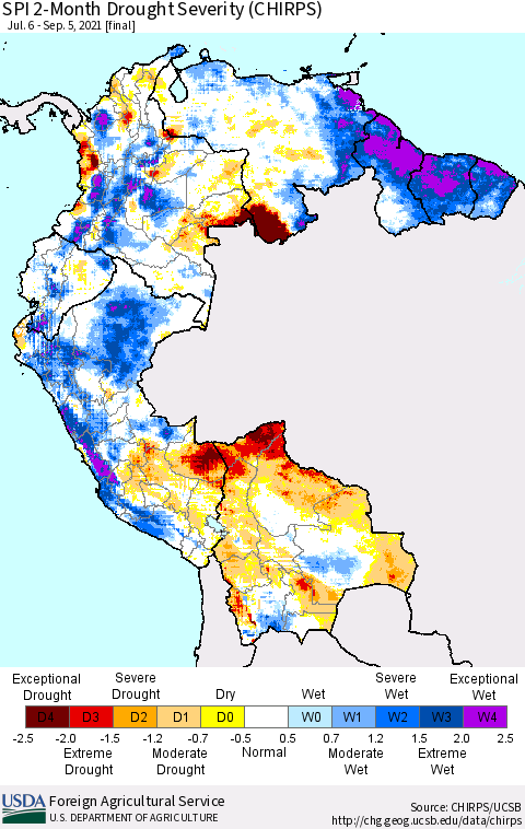 Northern South America SPI 2-Month Drought Severity (CHIRPS) Thematic Map For 7/6/2021 - 9/5/2021