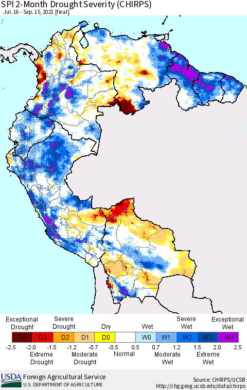 Northern South America SPI 2-Month Drought Severity (CHIRPS) Thematic Map For 7/16/2021 - 9/15/2021