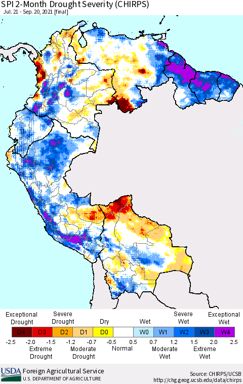 Northern South America SPI 2-Month Drought Severity (CHIRPS) Thematic Map For 7/21/2021 - 9/20/2021