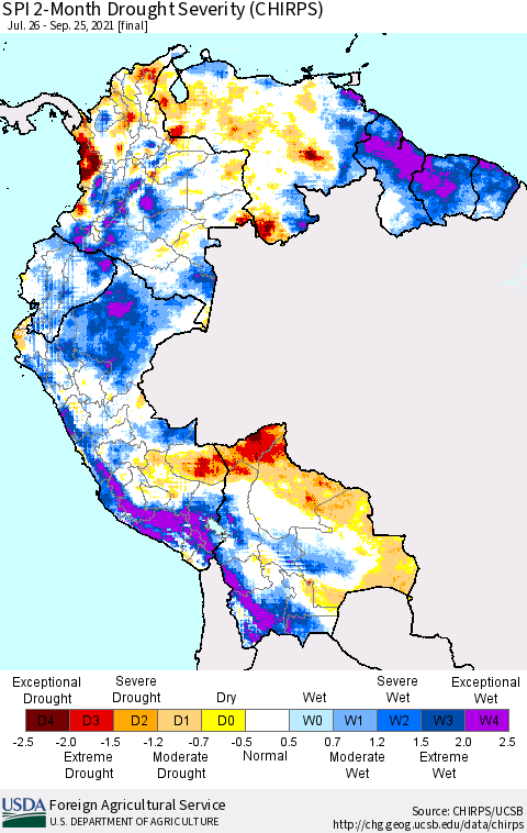 Northern South America SPI 2-Month Drought Severity (CHIRPS) Thematic Map For 7/26/2021 - 9/25/2021