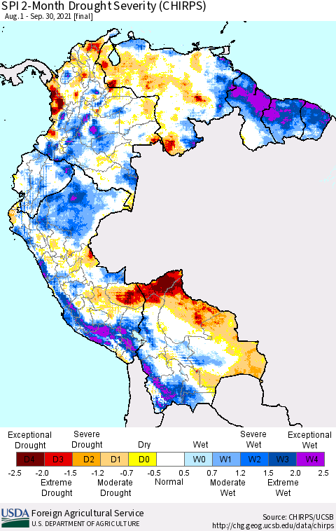 Northern South America SPI 2-Month Drought Severity (CHIRPS) Thematic Map For 8/1/2021 - 9/30/2021