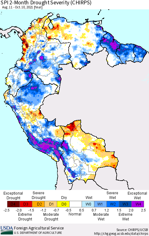 Northern South America SPI 2-Month Drought Severity (CHIRPS) Thematic Map For 8/11/2021 - 10/10/2021