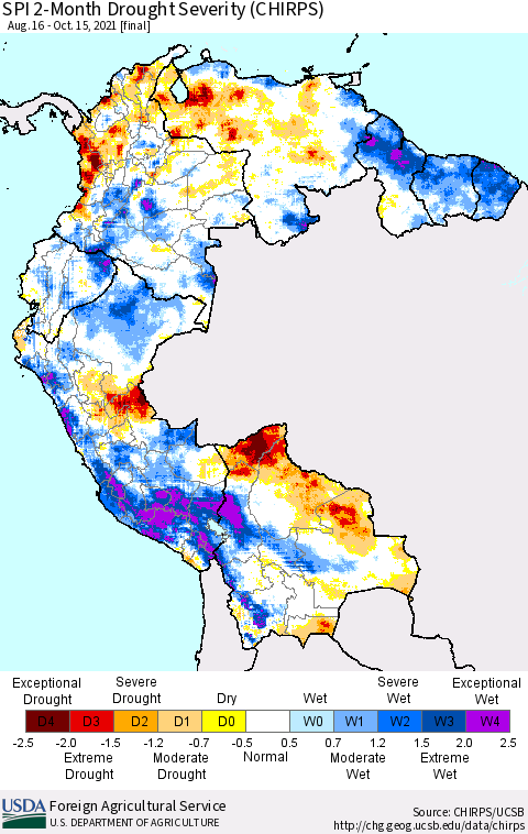 Northern South America SPI 2-Month Drought Severity (CHIRPS) Thematic Map For 8/16/2021 - 10/15/2021