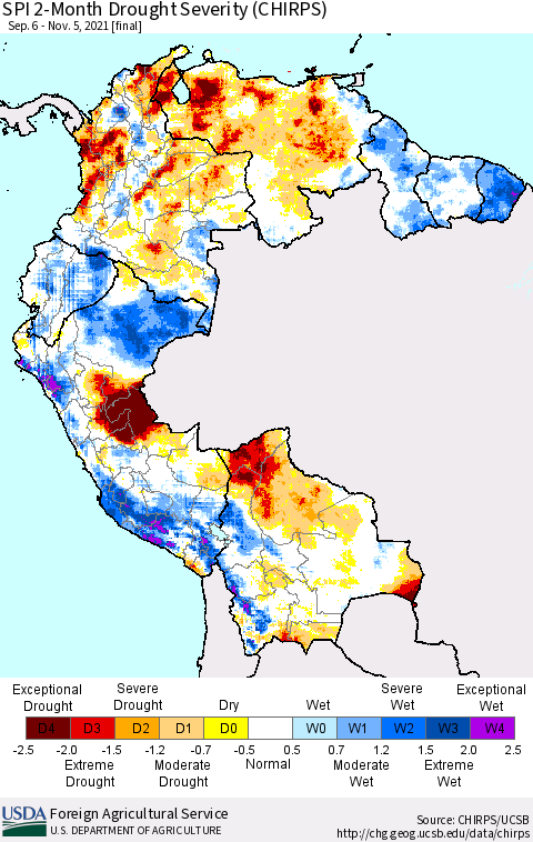 Northern South America SPI 2-Month Drought Severity (CHIRPS) Thematic Map For 9/6/2021 - 11/5/2021