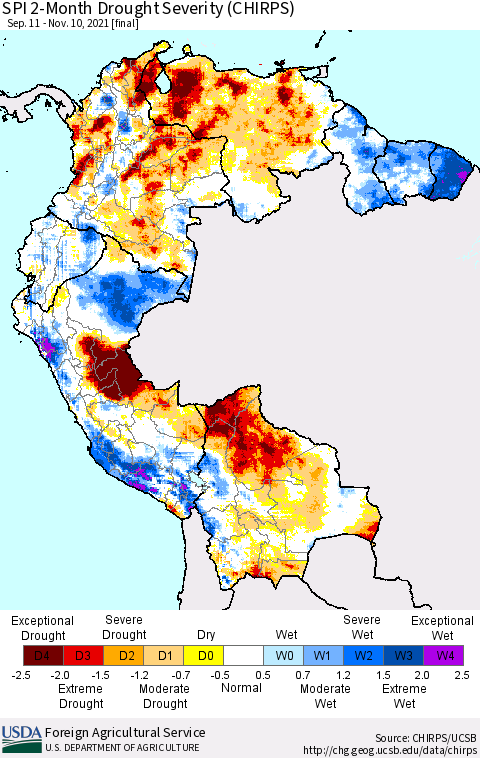 Northern South America SPI 2-Month Drought Severity (CHIRPS) Thematic Map For 9/11/2021 - 11/10/2021