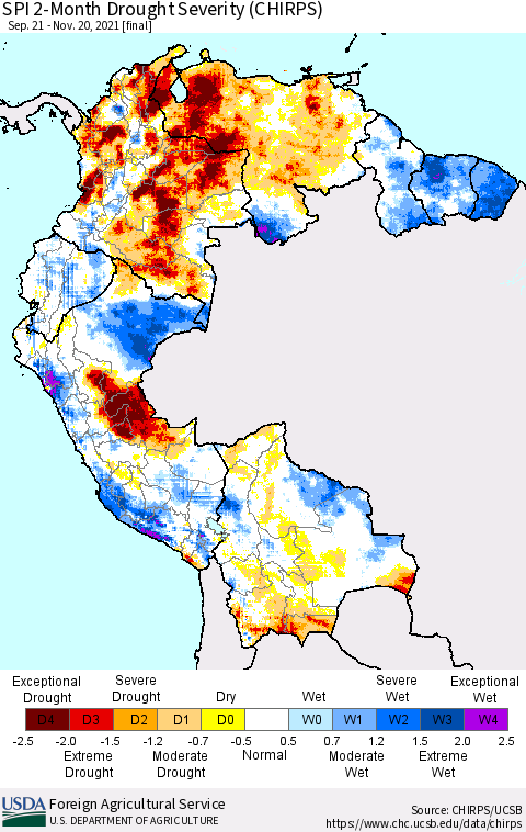 Northern South America SPI 2-Month Drought Severity (CHIRPS) Thematic Map For 9/21/2021 - 11/20/2021