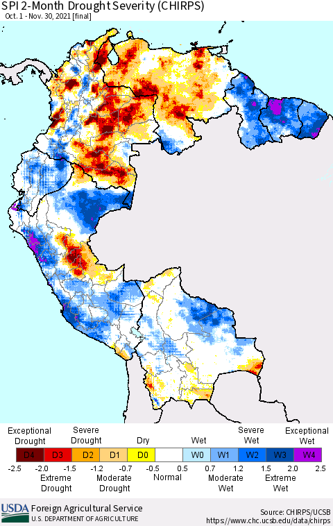 Northern South America SPI 2-Month Drought Severity (CHIRPS) Thematic Map For 10/1/2021 - 11/30/2021