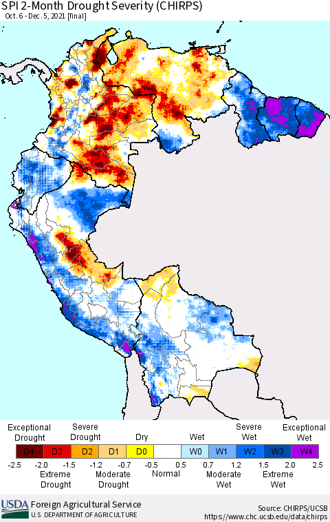 Northern South America SPI 2-Month Drought Severity (CHIRPS) Thematic Map For 10/6/2021 - 12/5/2021