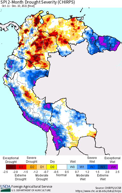 Northern South America SPI 2-Month Drought Severity (CHIRPS) Thematic Map For 10/11/2021 - 12/10/2021