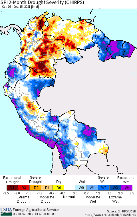 Northern South America SPI 2-Month Drought Severity (CHIRPS) Thematic Map For 10/16/2021 - 12/15/2021