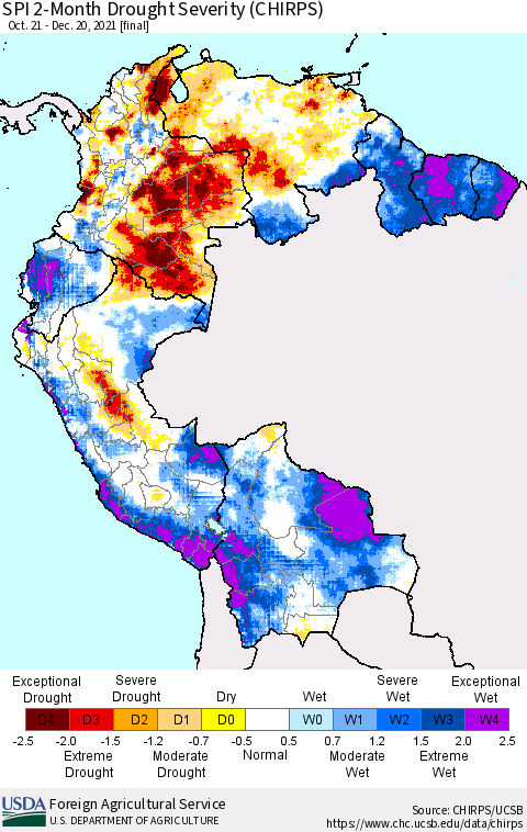 Northern South America SPI 2-Month Drought Severity (CHIRPS) Thematic Map For 10/21/2021 - 12/20/2021