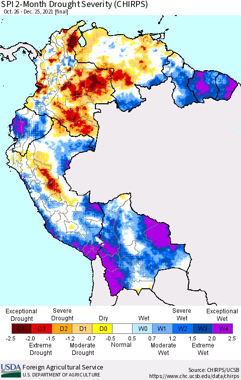 Northern South America SPI 2-Month Drought Severity (CHIRPS) Thematic Map For 10/26/2021 - 12/25/2021