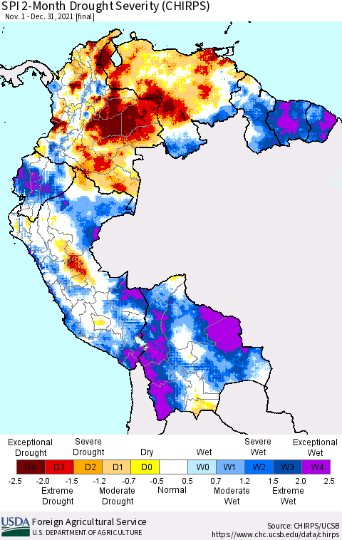 Northern South America SPI 2-Month Drought Severity (CHIRPS) Thematic Map For 11/1/2021 - 12/31/2021
