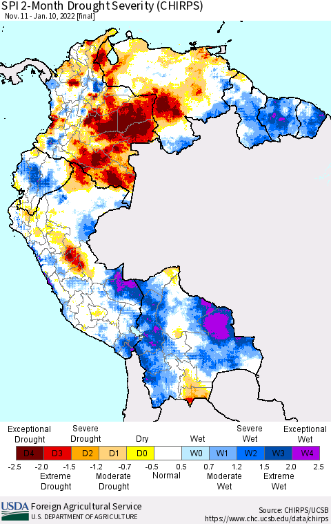 Northern South America SPI 2-Month Drought Severity (CHIRPS) Thematic Map For 11/11/2021 - 1/10/2022