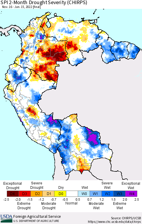 Northern South America SPI 2-Month Drought Severity (CHIRPS) Thematic Map For 11/16/2021 - 1/15/2022