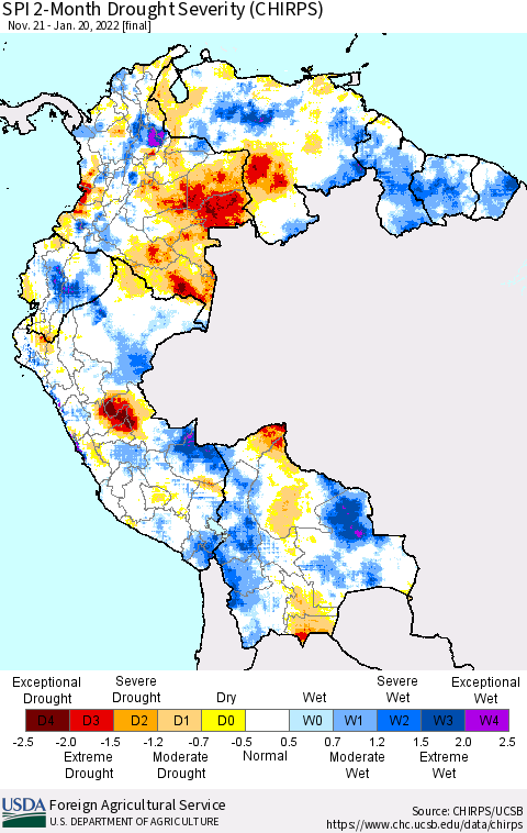 Northern South America SPI 2-Month Drought Severity (CHIRPS) Thematic Map For 11/21/2021 - 1/20/2022