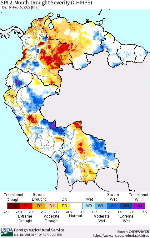 Northern South America SPI 2-Month Drought Severity (CHIRPS) Thematic Map For 12/6/2021 - 2/5/2022