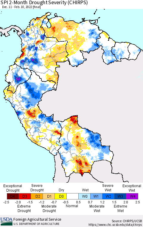 Northern South America SPI 2-Month Drought Severity (CHIRPS) Thematic Map For 12/11/2021 - 2/10/2022