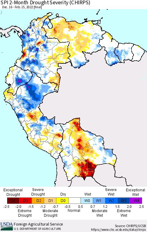 Northern South America SPI 2-Month Drought Severity (CHIRPS) Thematic Map For 12/16/2021 - 2/15/2022
