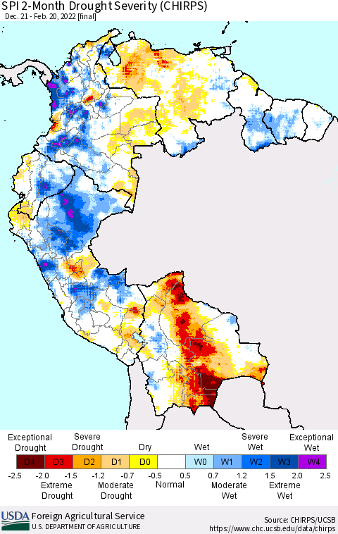 Northern South America SPI 2-Month Drought Severity (CHIRPS) Thematic Map For 12/21/2021 - 2/20/2022