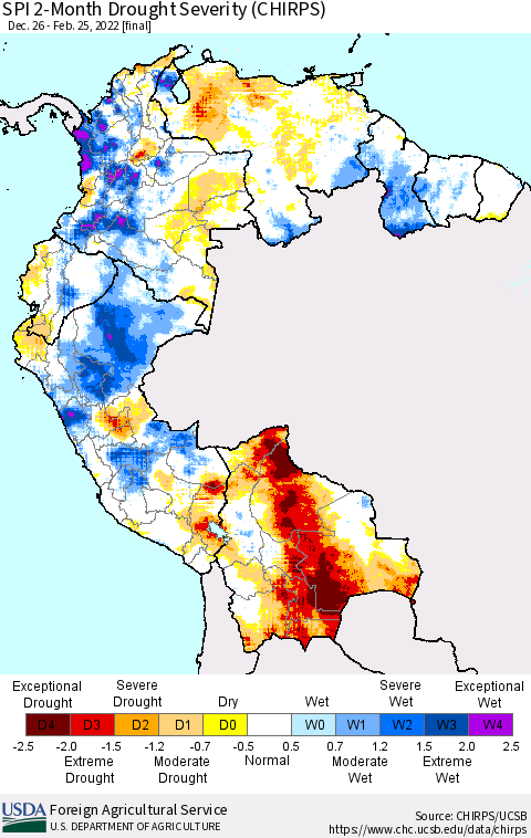 Northern South America SPI 2-Month Drought Severity (CHIRPS) Thematic Map For 12/26/2021 - 2/25/2022