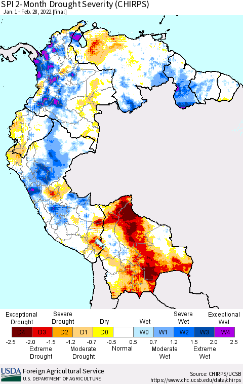Northern South America SPI 2-Month Drought Severity (CHIRPS) Thematic Map For 1/1/2022 - 2/28/2022