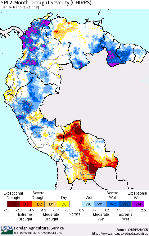 Northern South America SPI 2-Month Drought Severity (CHIRPS) Thematic Map For 1/6/2022 - 3/5/2022