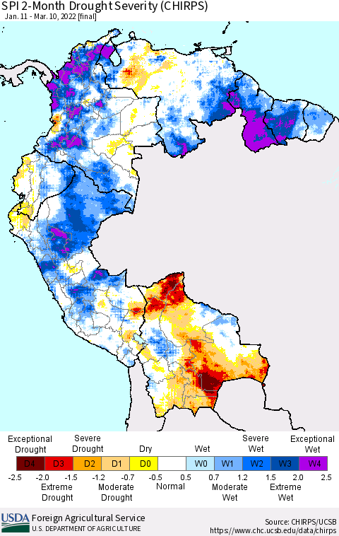 Northern South America SPI 2-Month Drought Severity (CHIRPS) Thematic Map For 1/11/2022 - 3/10/2022